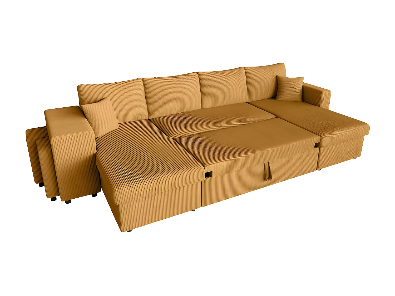Canapé panoramique Oslo convertible avec 2 coffres, 2 poufs à gauche en velours côtelé jaune - L311 x P146 x H81cm - Loungitude