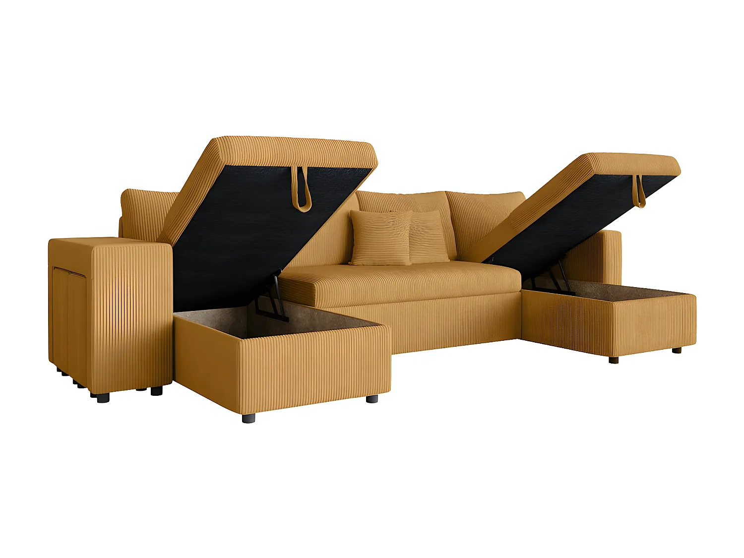 Canapé panoramique Oslo convertible avec 2 coffres, 2 poufs à gauche en velours côtelé jaune - L311 x P146 x H81cm - Loungitude