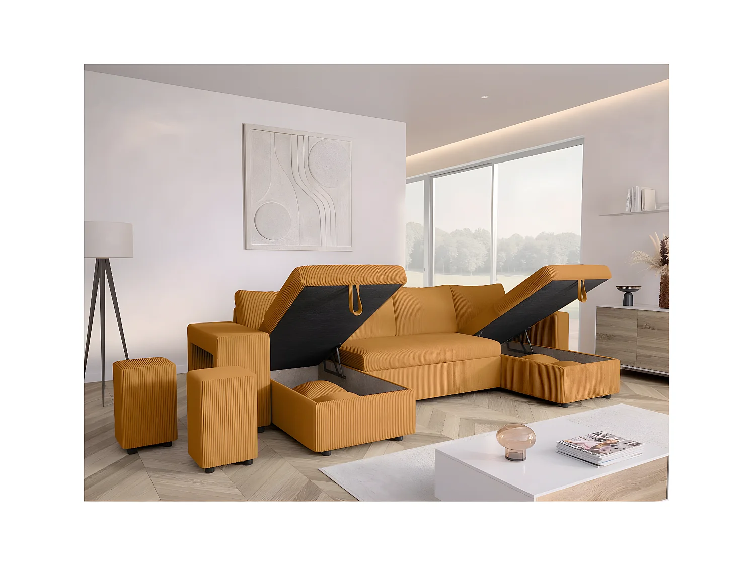 Canapé panoramique Oslo convertible avec 2 coffres, 2 poufs à gauche en velours côtelé jaune - L311 x P146 x H81cm - Loungitude