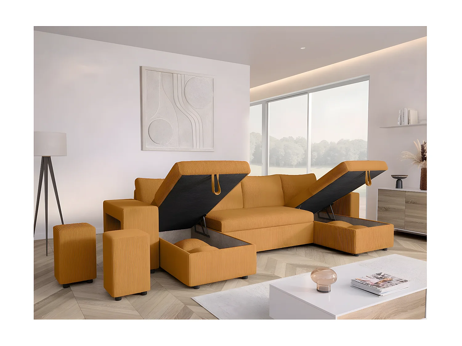 Canapé panoramique Oslo convertible avec 2 coffres, 2 poufs à gauche en velours côtelé jaune - L311 x P146 x H81cm - Loungitude