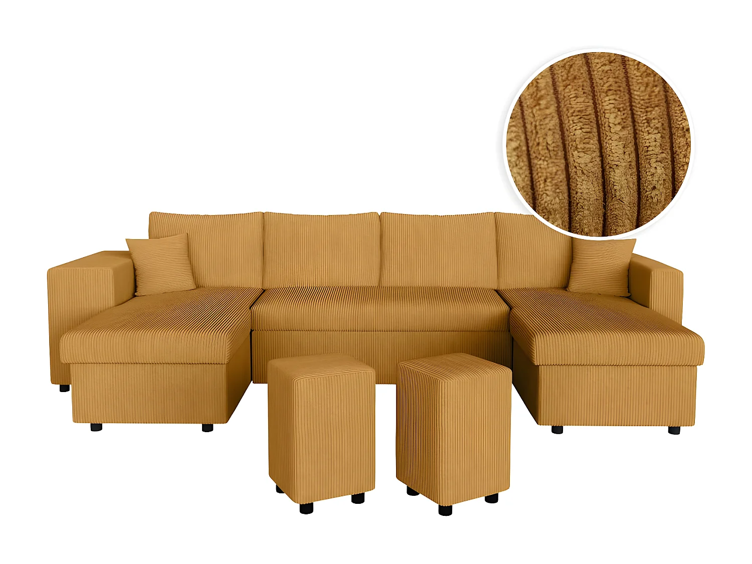 Canapé panoramique Oslo convertible avec 2 coffres, 2 poufs à gauche en velours côtelé jaune - L311 x P146 x H81cm - Loungitude