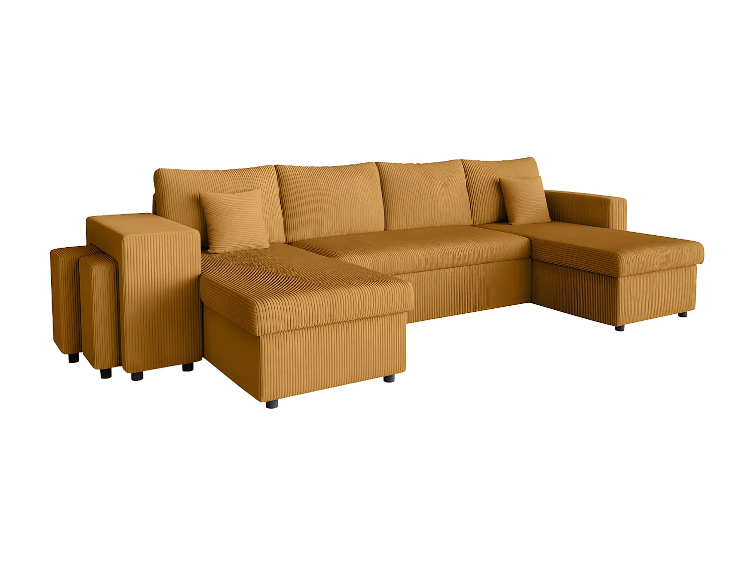 Canapé panoramique Oslo convertible avec 2 coffres, 2 poufs à gauche en velours côtelé jaune - L311 x P146 x H81cm - Loungitude