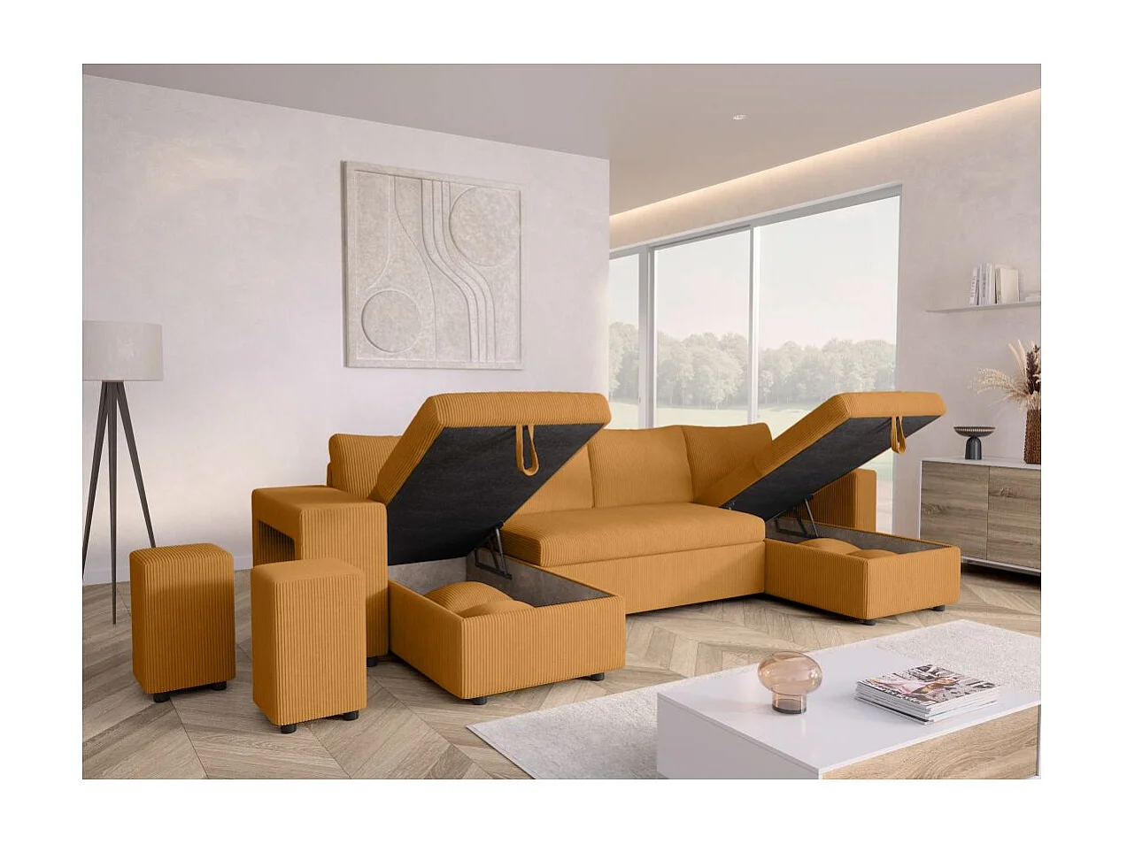 Canapé panoramique Oslo convertible avec 2 coffres, 2 poufs à gauche en velours côtelé jaune - L311 x P146 x H81cm - Loungitude