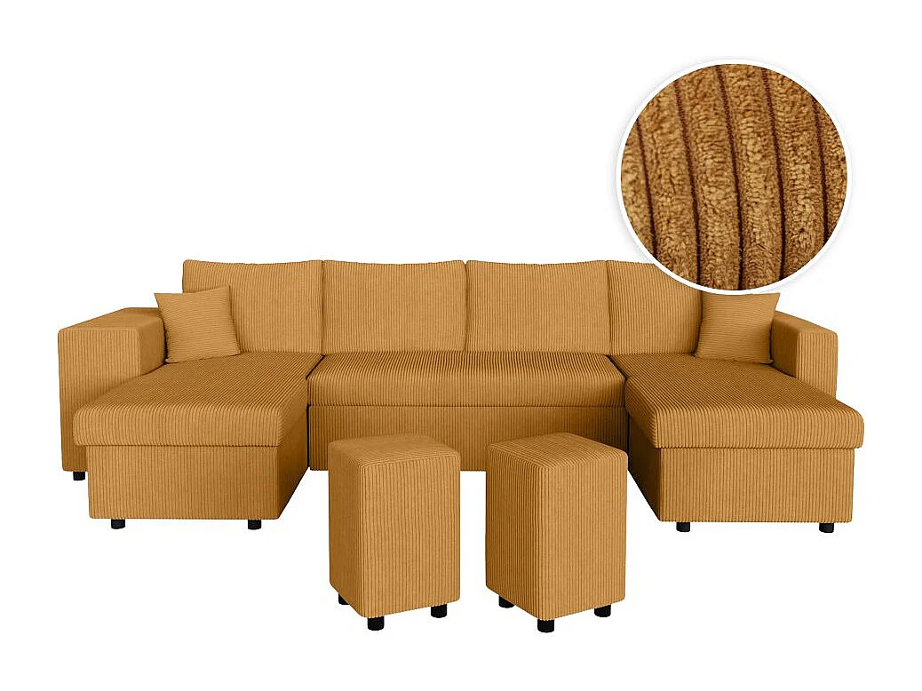 Canapé panoramique Oslo convertible avec 2 coffres, 2 poufs à gauche en velours côtelé jaune - L311 x P146 x H81cm - Loungitude
