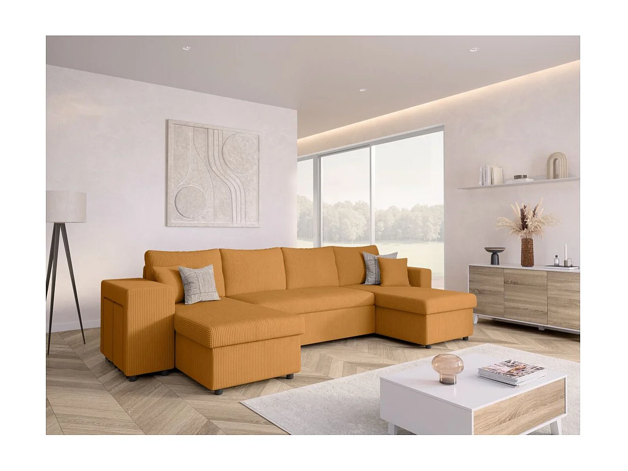 Canapé panoramique Oslo convertible avec 2 coffres, 2 poufs à gauche en velours côtelé jaune - L311 x P146 x H81cm - Loungitude