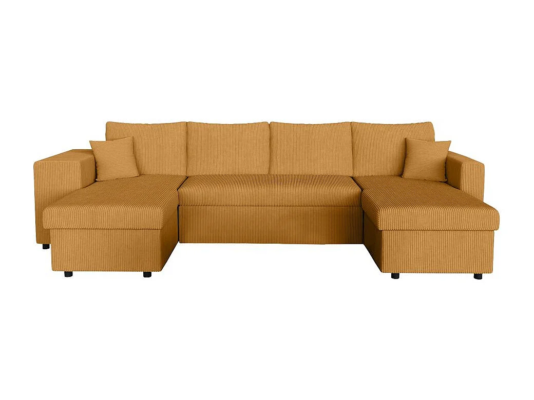 Canapé panoramique Oslo convertible avec 2 coffres, 2 poufs à gauche en velours côtelé jaune - L311 x P146 x H81cm - Loungitude