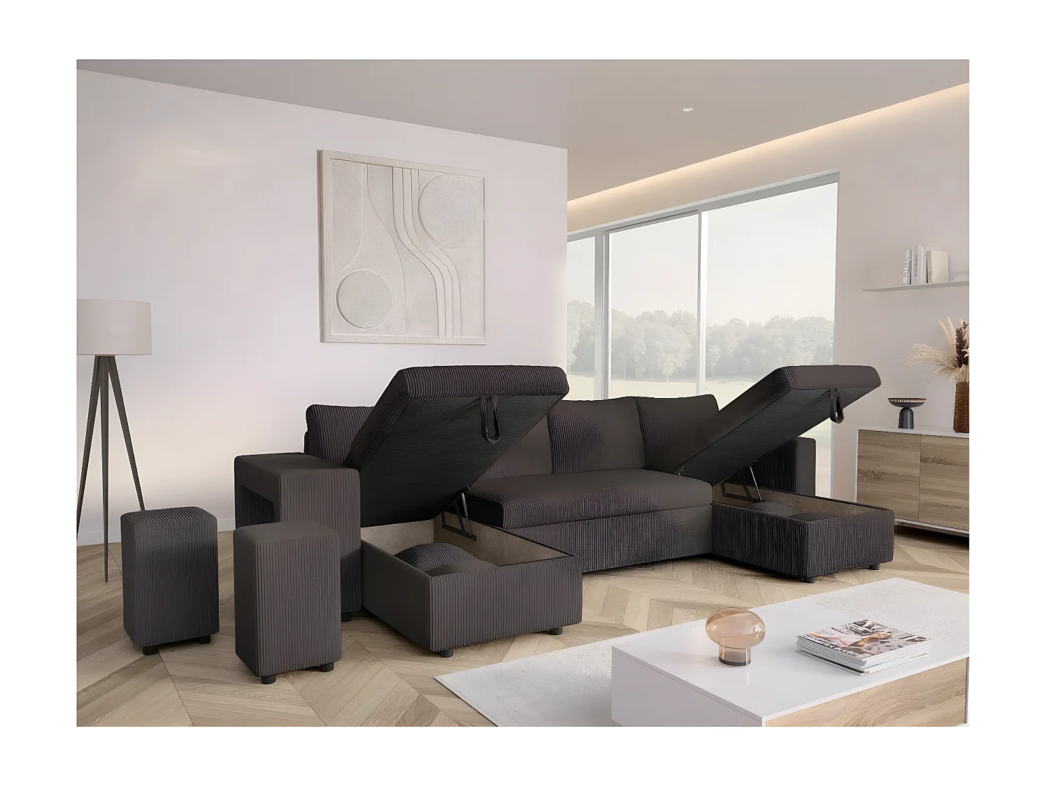 Canapé panoramique Oslo convertible avec 2 coffres, 2 poufs à gauche en velours côtelé Gris anthracite - L311 x P146 x H81cm - Loungitude