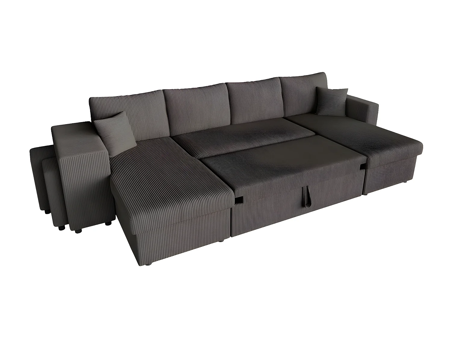 Canapé panoramique Oslo convertible avec 2 coffres, 2 poufs à gauche en velours côtelé Gris anthracite - L311 x P146 x H81cm - Loungitude
