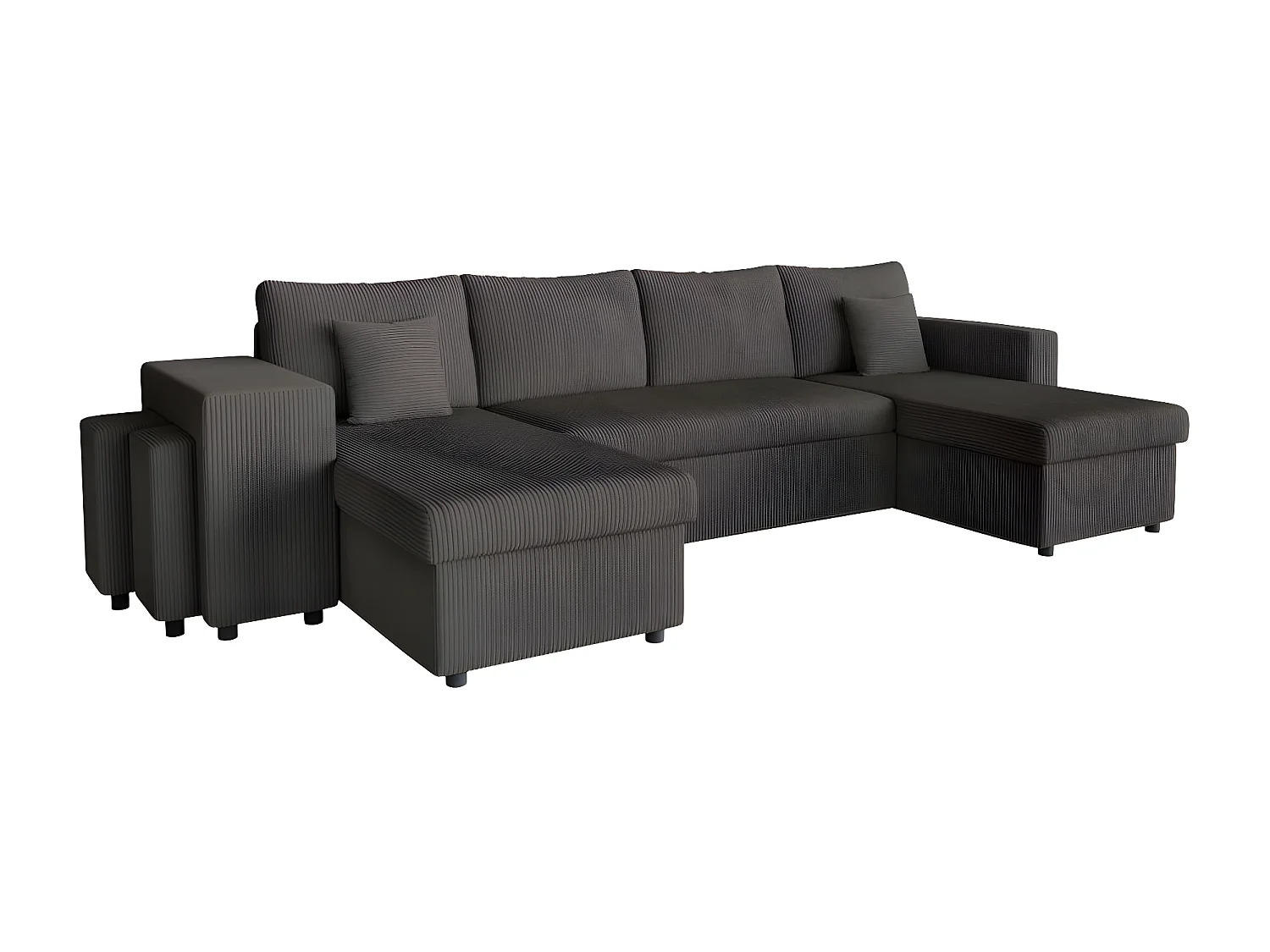 Canapé panoramique Oslo convertible avec 2 coffres, 2 poufs à gauche en velours côtelé Gris anthracite - L311 x P146 x H81cm - Loungitude