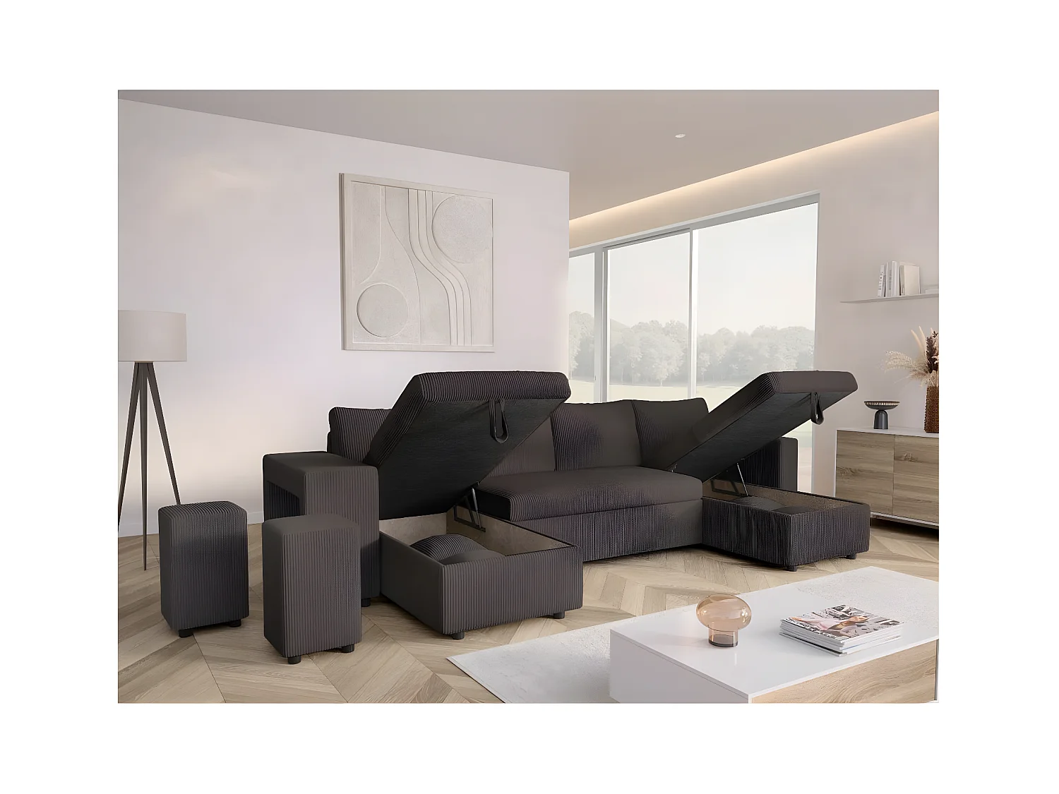 Canapé panoramique Oslo convertible avec 2 coffres, 2 poufs à gauche en velours côtelé Gris anthracite - L311 x P146 x H81cm - Loungitude