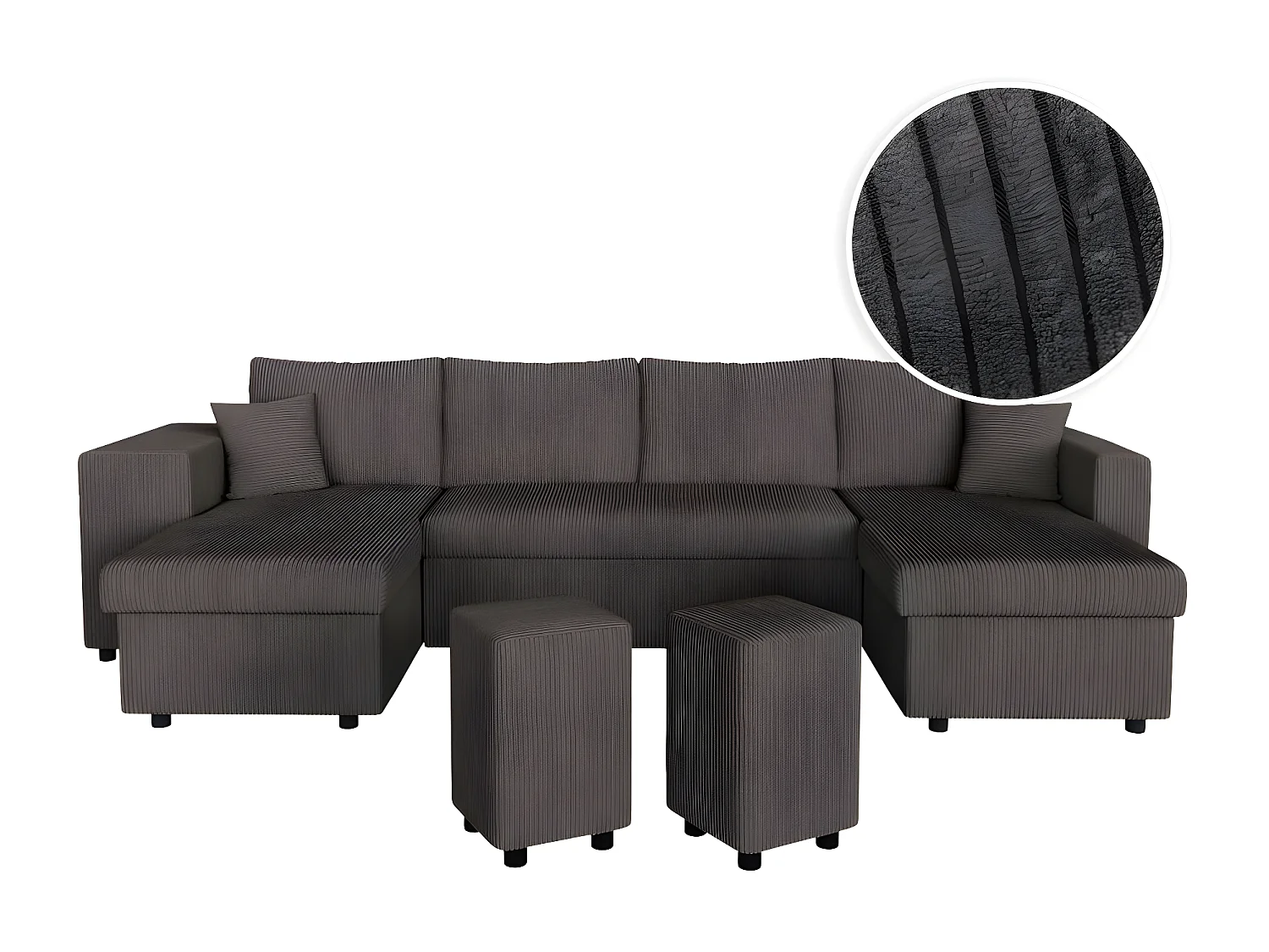Canapé panoramique Oslo convertible avec 2 coffres, 2 poufs à gauche en velours côtelé Gris anthracite - L311 x P146 x H81cm - Loungitude