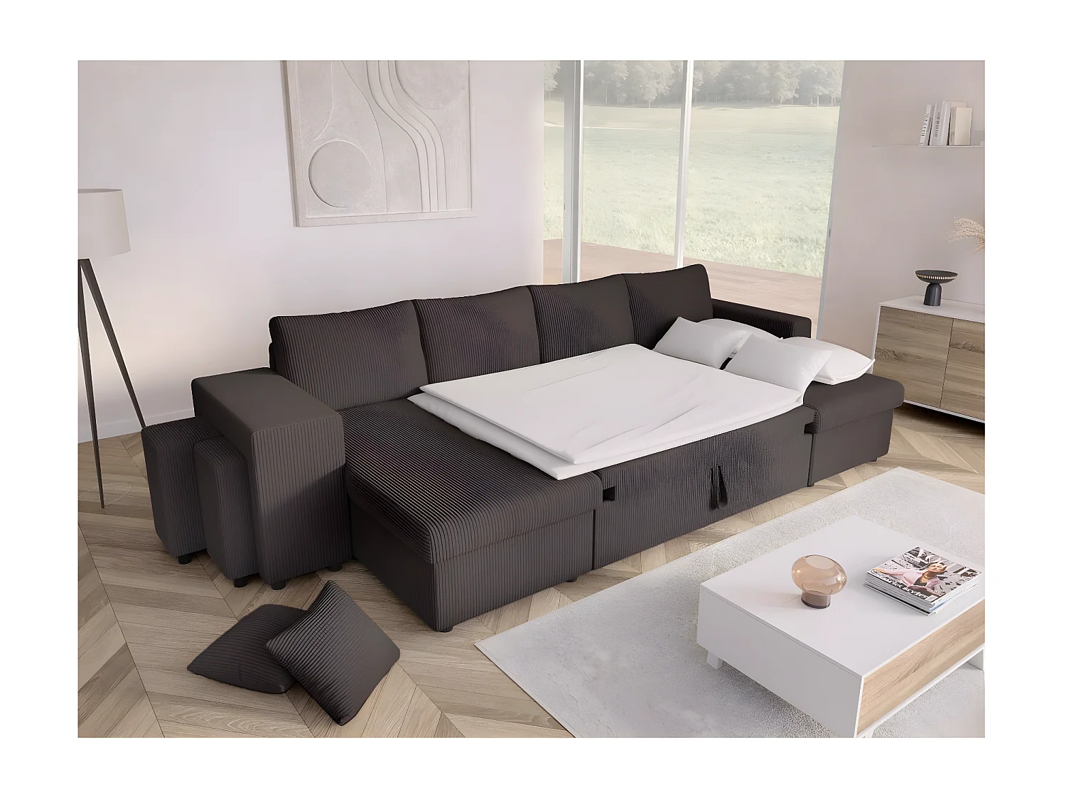 Canapé panoramique Oslo convertible avec 2 coffres, 2 poufs à gauche en velours côtelé Gris anthracite - L311 x P146 x H81cm - Loungitude