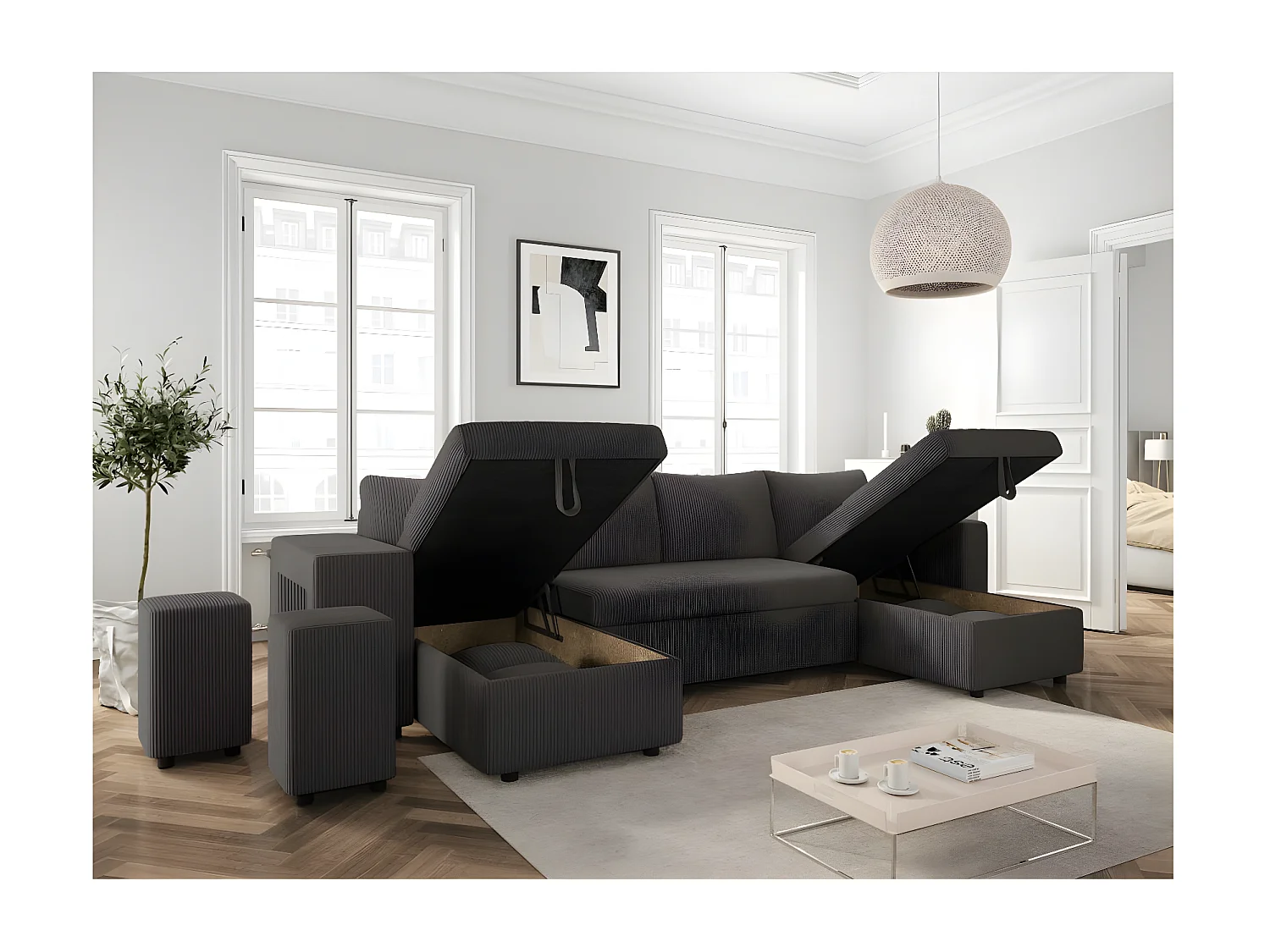 Canapé panoramique Oslo convertible avec 2 coffres, 2 poufs à gauche en velours côtelé Gris anthracite - L311 x P146 x H81cm - Loungitude
