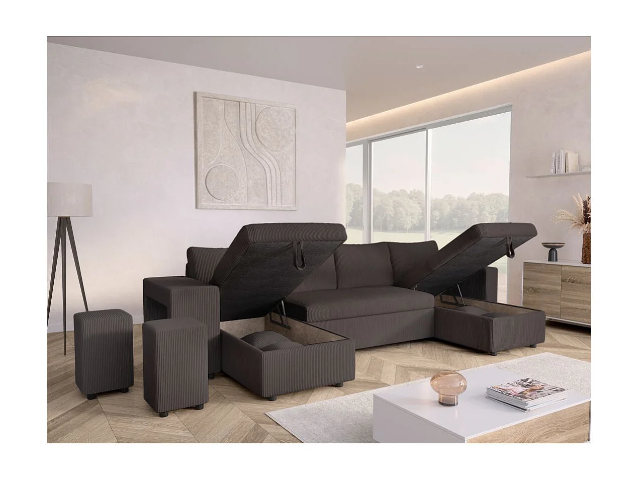 Canapé panoramique Oslo convertible avec 2 coffres, 2 poufs à gauche en velours côtelé Gris anthracite - L311 x P146 x H81cm - Loungitude