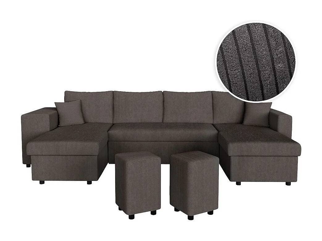 Canapé panoramique Oslo convertible avec 2 coffres, 2 poufs à gauche en velours côtelé Gris anthracite - L311 x P146 x H81cm - Loungitude