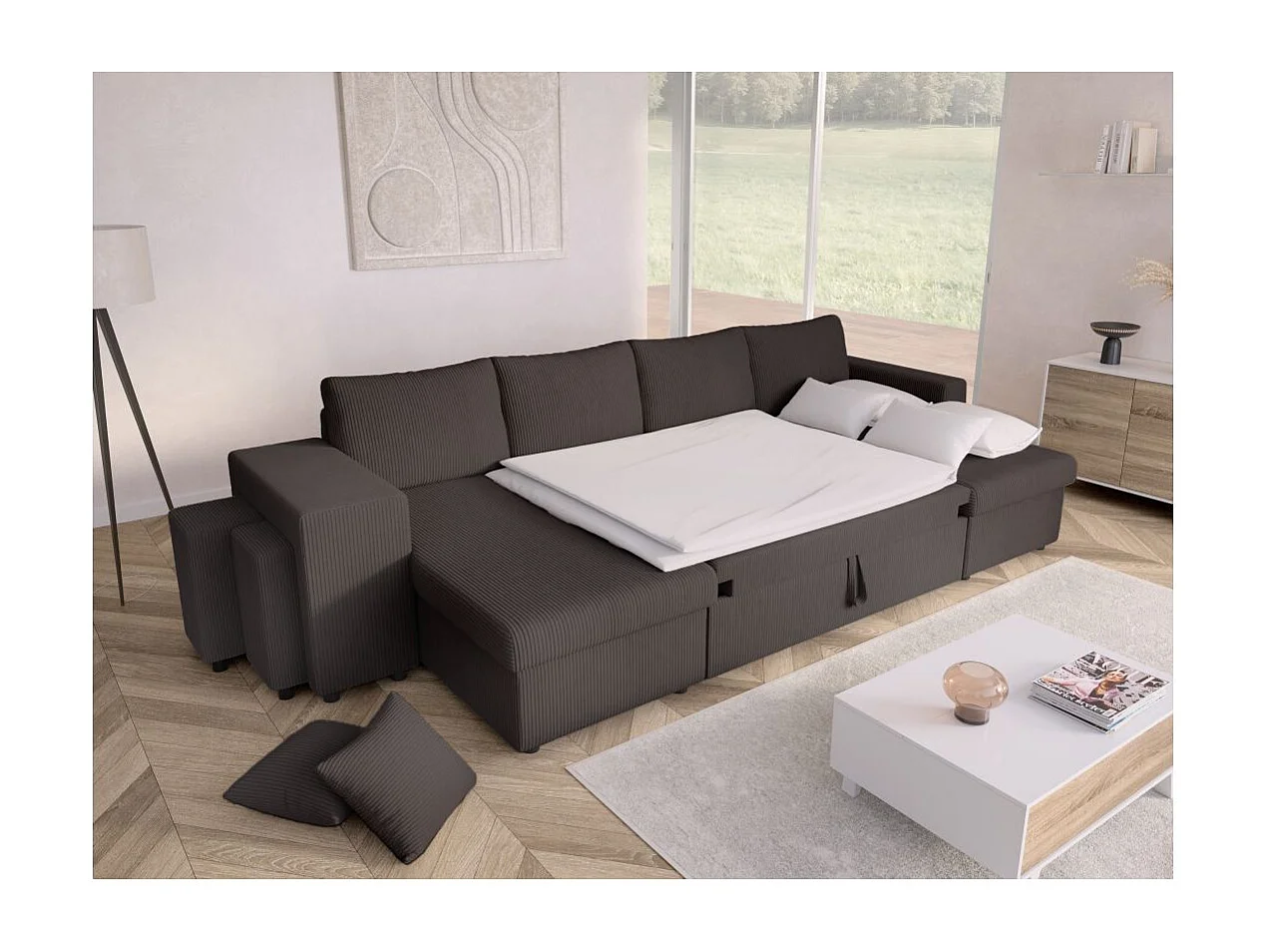 Canapé panoramique Oslo convertible avec 2 coffres, 2 poufs à gauche en velours côtelé Gris anthracite - L311 x P146 x H81cm - Loungitude
