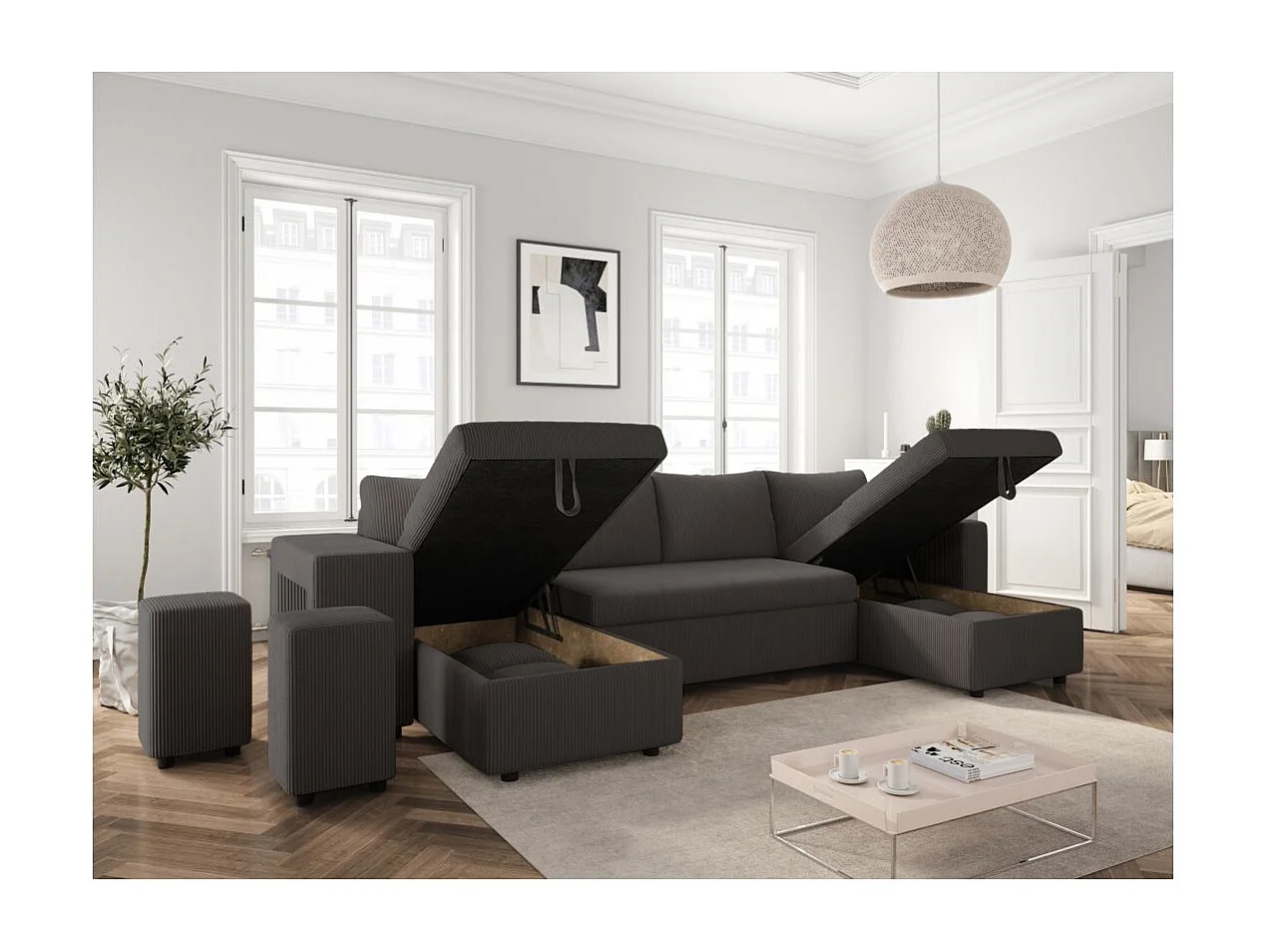 Canapé panoramique Oslo convertible avec 2 coffres, 2 poufs à gauche en velours côtelé Gris anthracite - L311 x P146 x H81cm - Loungitude