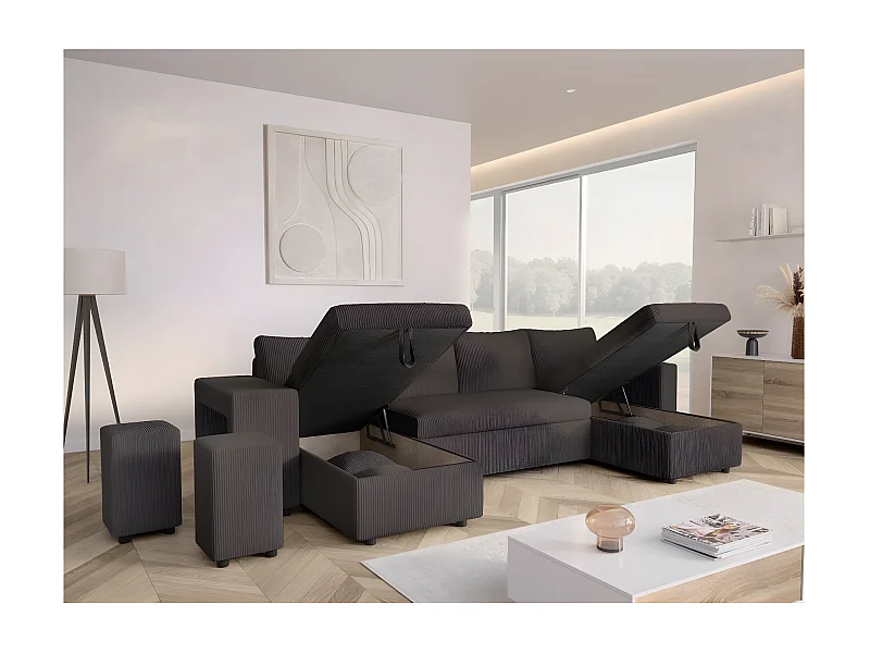 Canapé panoramique Oslo convertible avec 2 coffres, 2 poufs à gauche en velours côtelé Gris anthracite - L311 x P146 x H81cm - Loungitude