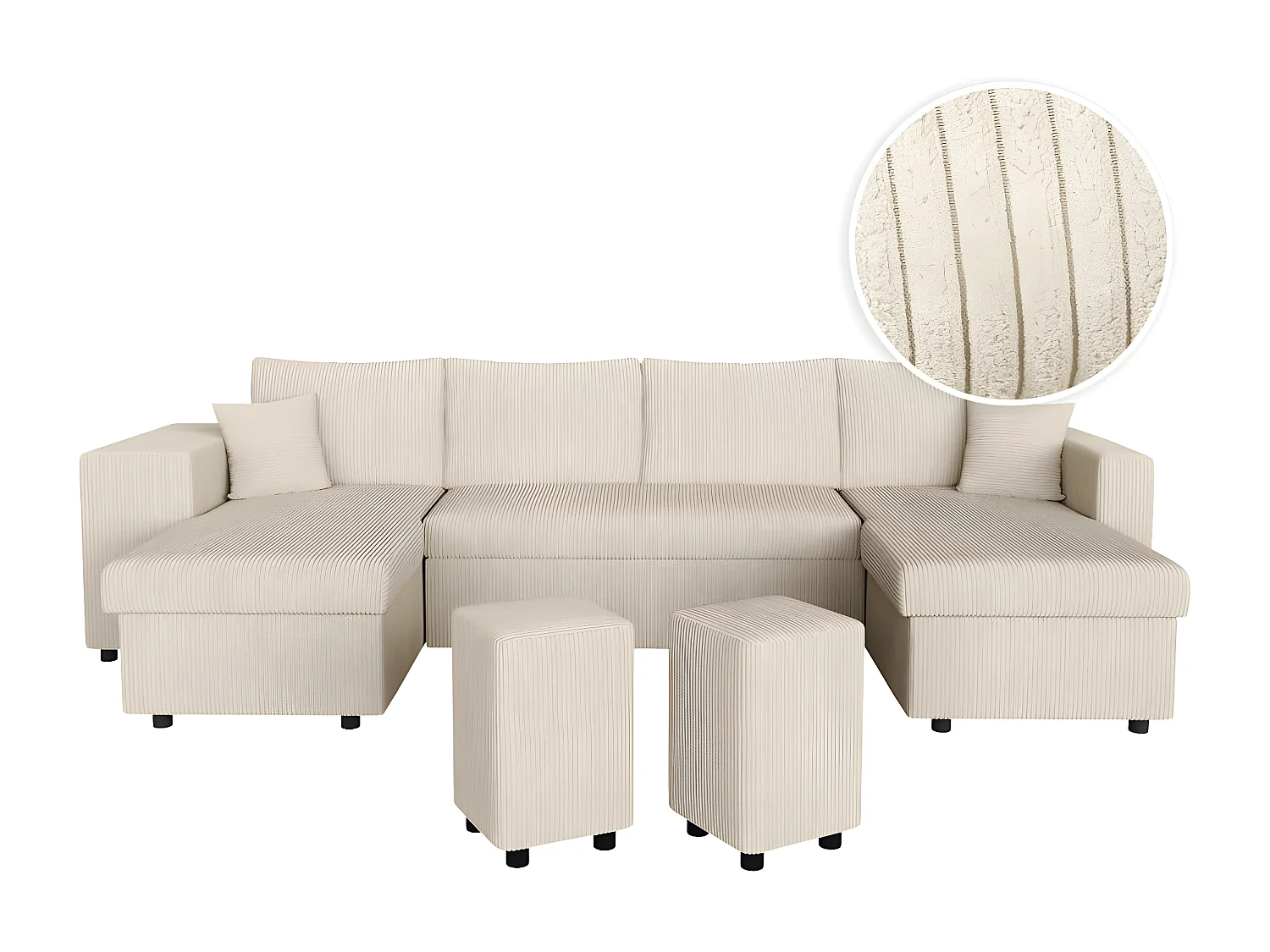 Canapé panoramique Oslo convertible avec 2 coffres, 2 poufs à gauche en velours côtelé beige - L311 x P146 x H81cm - Loungitude