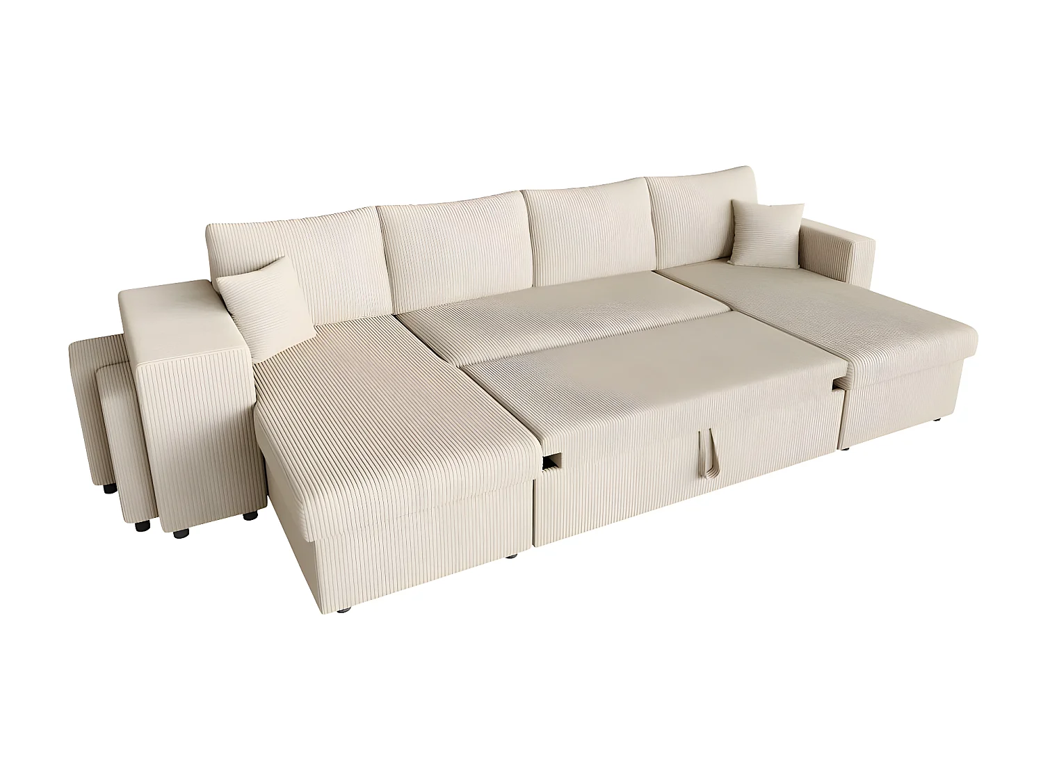 Canapé panoramique Oslo convertible avec 2 coffres, 2 poufs à gauche en velours côtelé beige - L311 x P146 x H81cm - Loungitude