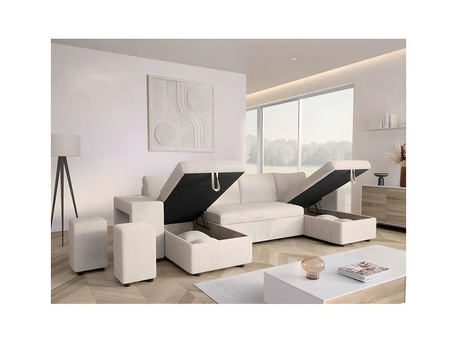 Canapé panoramique Oslo convertible avec 2 coffres, 2 poufs à gauche en velours côtelé beige - L311 x P146 x H81cm - Loungitude