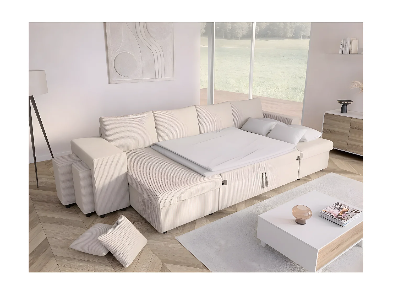 Canapé panoramique Oslo convertible avec 2 coffres, 2 poufs à gauche en velours côtelé beige - L311 x P146 x H81cm - Loungitude