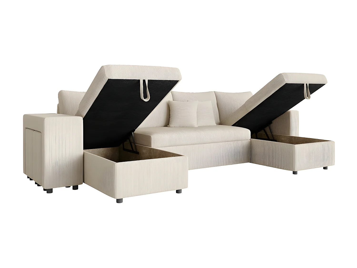 Canapé panoramique Oslo convertible avec 2 coffres, 2 poufs à gauche en velours côtelé beige - L311 x P146 x H81cm - Loungitude