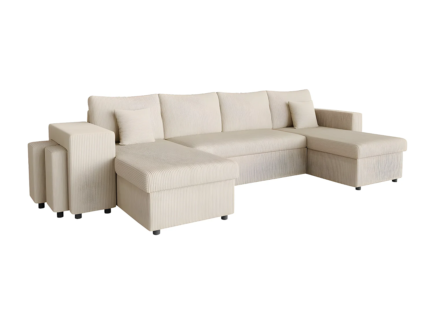 Canapé panoramique Oslo convertible avec 2 coffres, 2 poufs à gauche en velours côtelé beige - L311 x P146 x H81cm - Loungitude