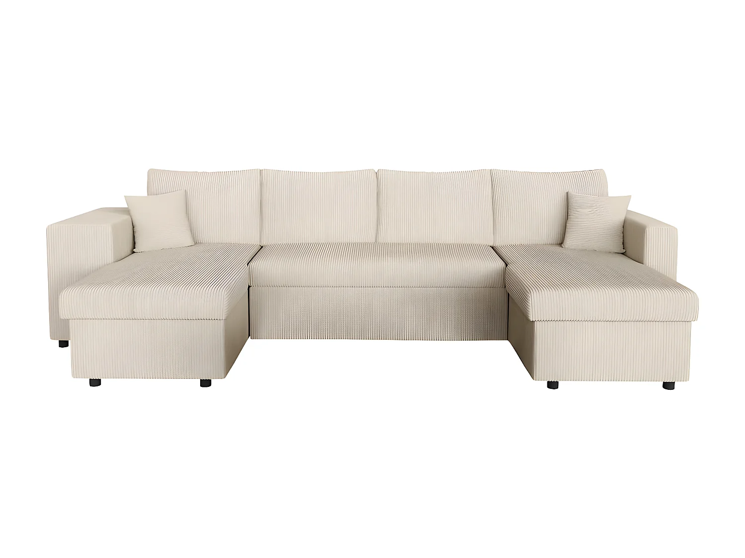Canapé panoramique Oslo convertible avec 2 coffres, 2 poufs à gauche en velours côtelé beige - L311 x P146 x H81cm - Loungitude
