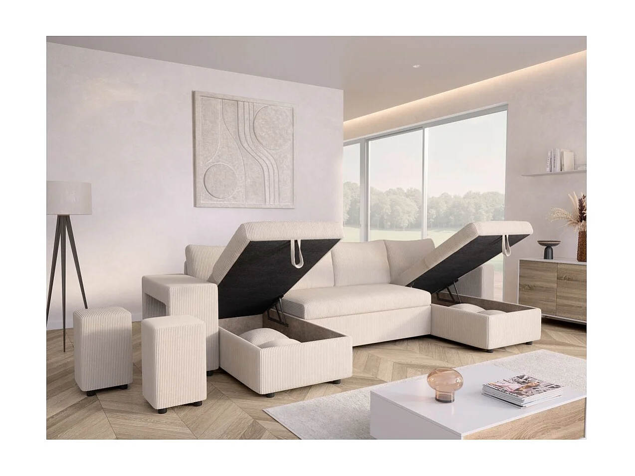 Canapé panoramique Oslo convertible avec 2 coffres, 2 poufs à gauche en velours côtelé beige - L311 x P146 x H81cm - Loungitude