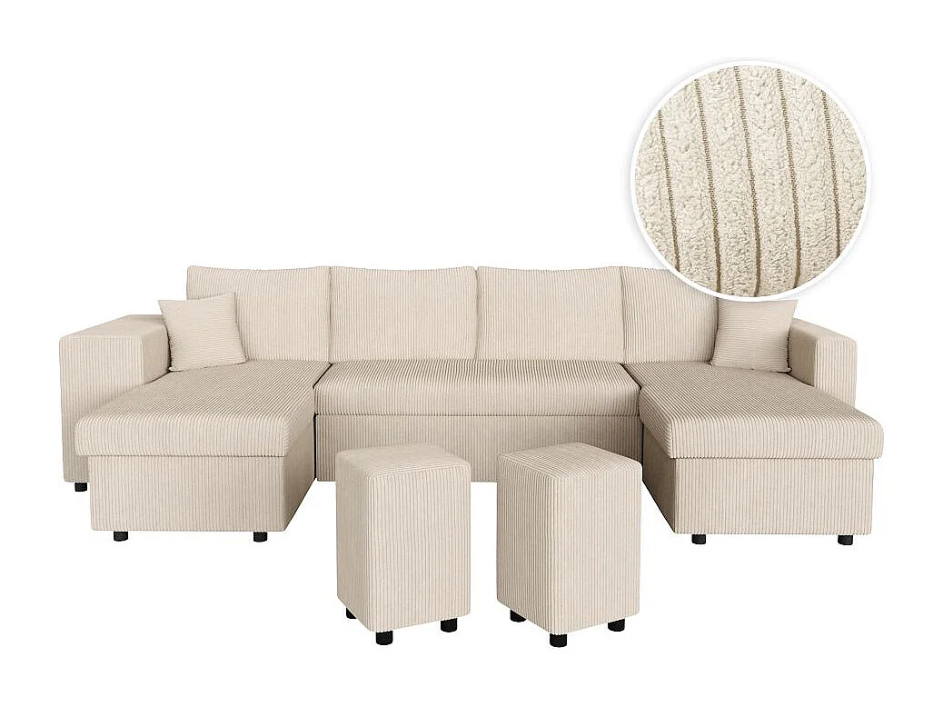 Canapé panoramique Oslo convertible avec 2 coffres, 2 poufs à gauche en velours côtelé beige - L311 x P146 x H81cm - Loungitude