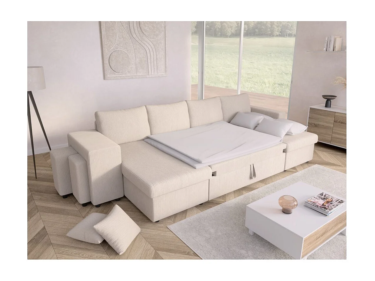 Canapé panoramique Oslo convertible avec 2 coffres, 2 poufs à gauche en velours côtelé beige - L311 x P146 x H81cm - Loungitude