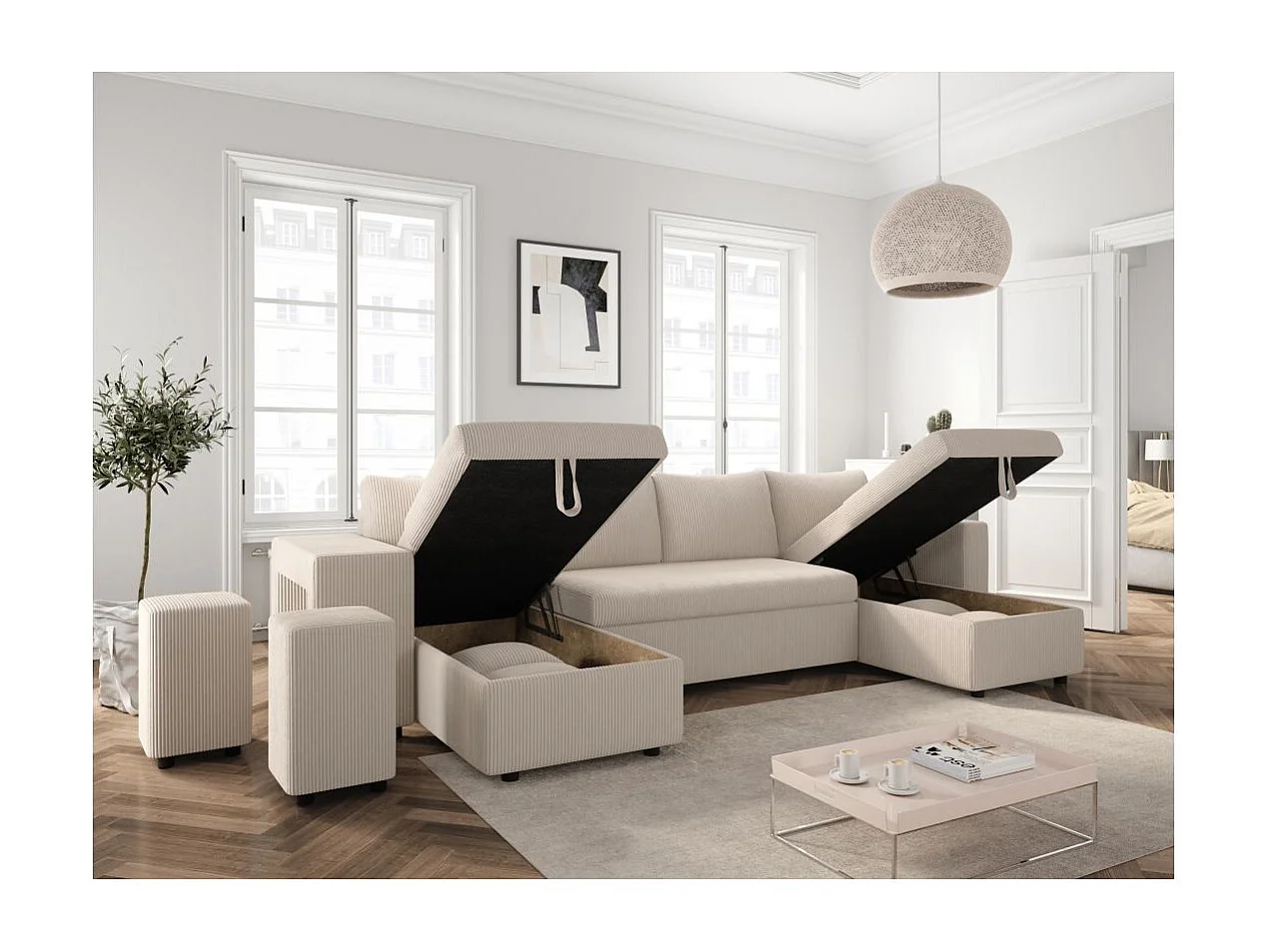 Canapé panoramique Oslo convertible avec 2 coffres, 2 poufs à gauche en velours côtelé beige - L311 x P146 x H81cm - Loungitude