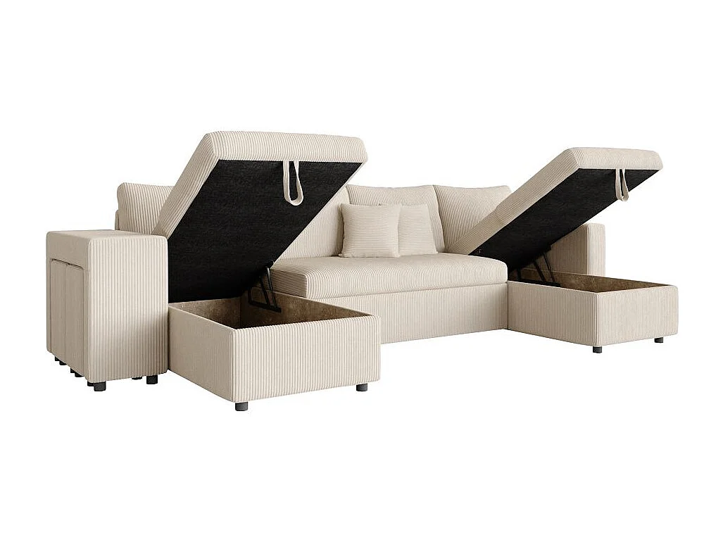 Canapé panoramique Oslo convertible avec 2 coffres, 2 poufs à gauche en velours côtelé beige - L311 x P146 x H81cm - Loungitude