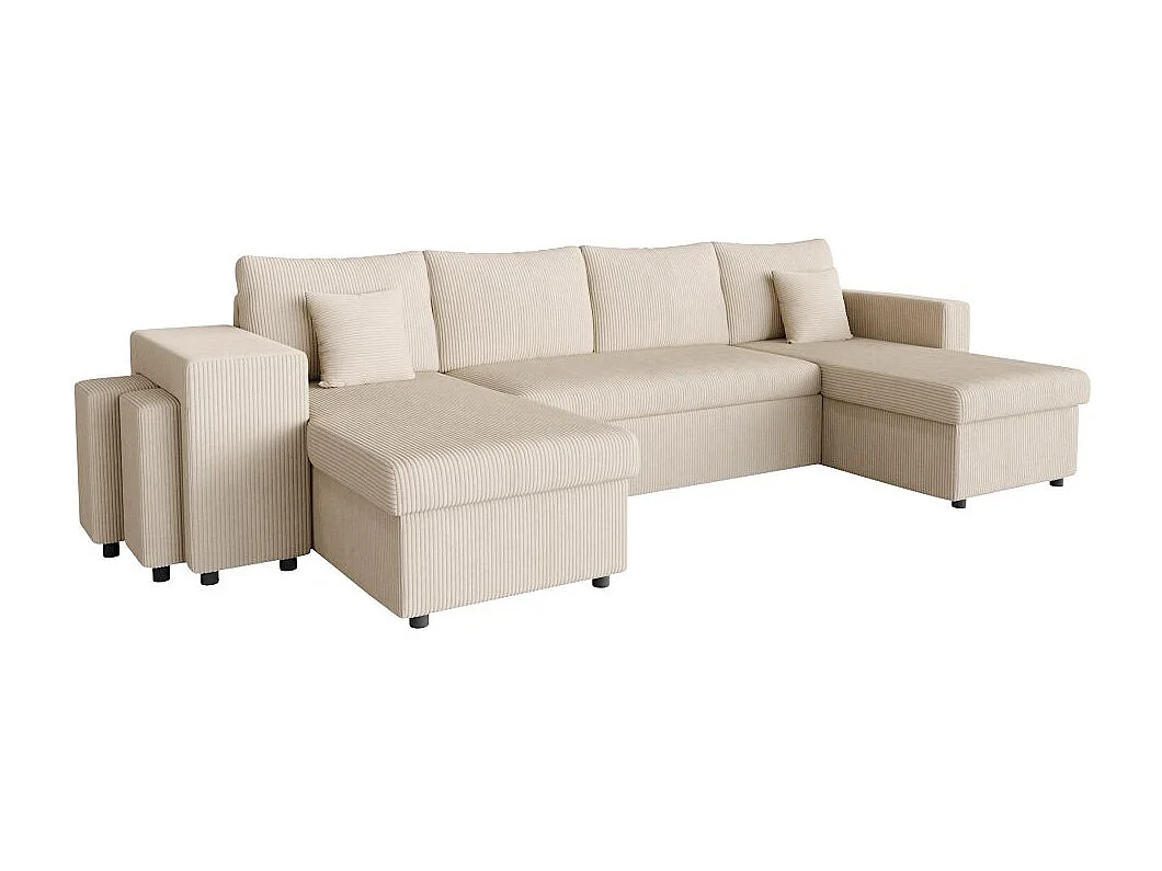 Canapé panoramique Oslo convertible avec 2 coffres, 2 poufs à gauche en velours côtelé beige - L311 x P146 x H81cm - Loungitude