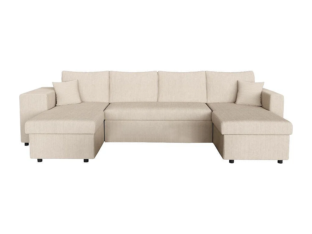 Canapé panoramique Oslo convertible avec 2 coffres, 2 poufs à gauche en velours côtelé beige - L311 x P146 x H81cm - Loungitude
