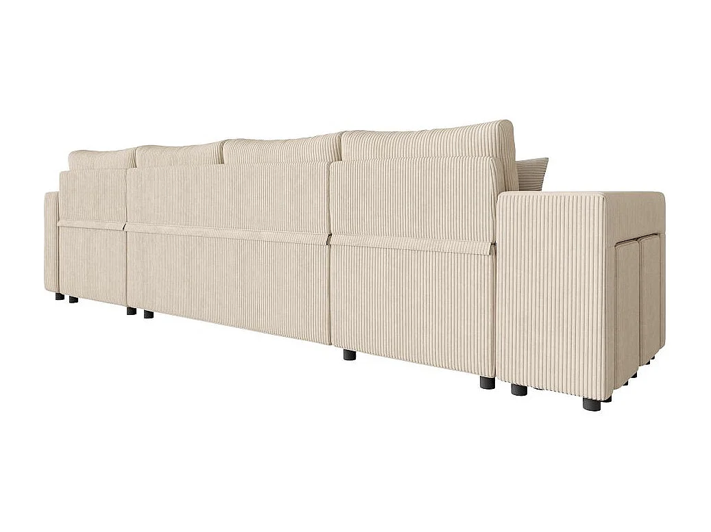 Canapé panoramique Oslo convertible avec 2 coffres, 2 poufs à gauche en velours côtelé beige - L311 x P146 x H81cm - Loungitude
