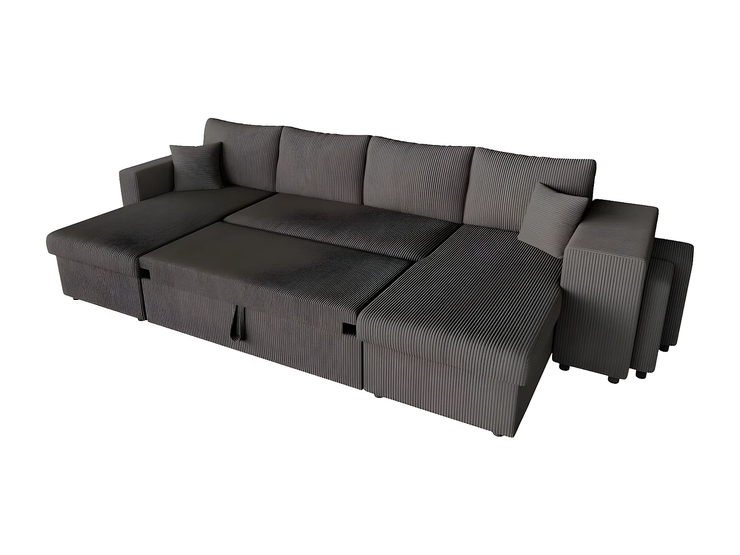 Canapé panoramique Oslo convertible avec 2 coffres, 2 poufs à droite en velours côtelé Gris anthracite - L311 x P146 x H81cm - Loungitude