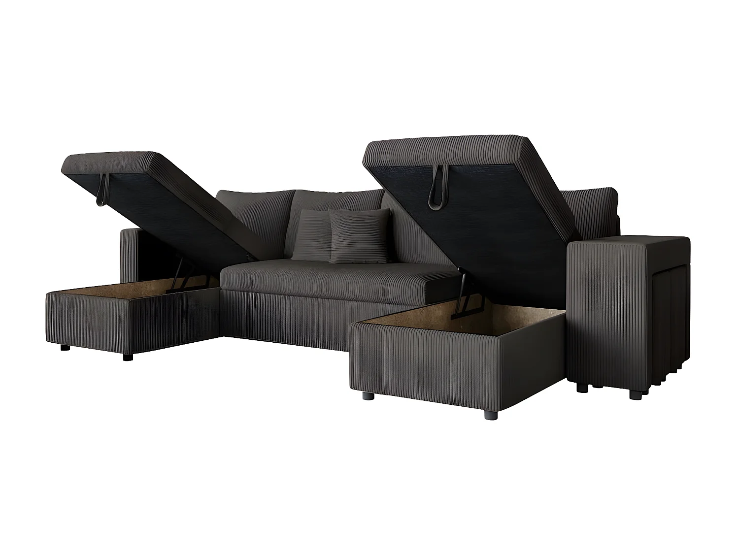 Canapé panoramique Oslo convertible avec 2 coffres, 2 poufs à droite en velours côtelé Gris anthracite - L311 x P146 x H81cm - Loungitude