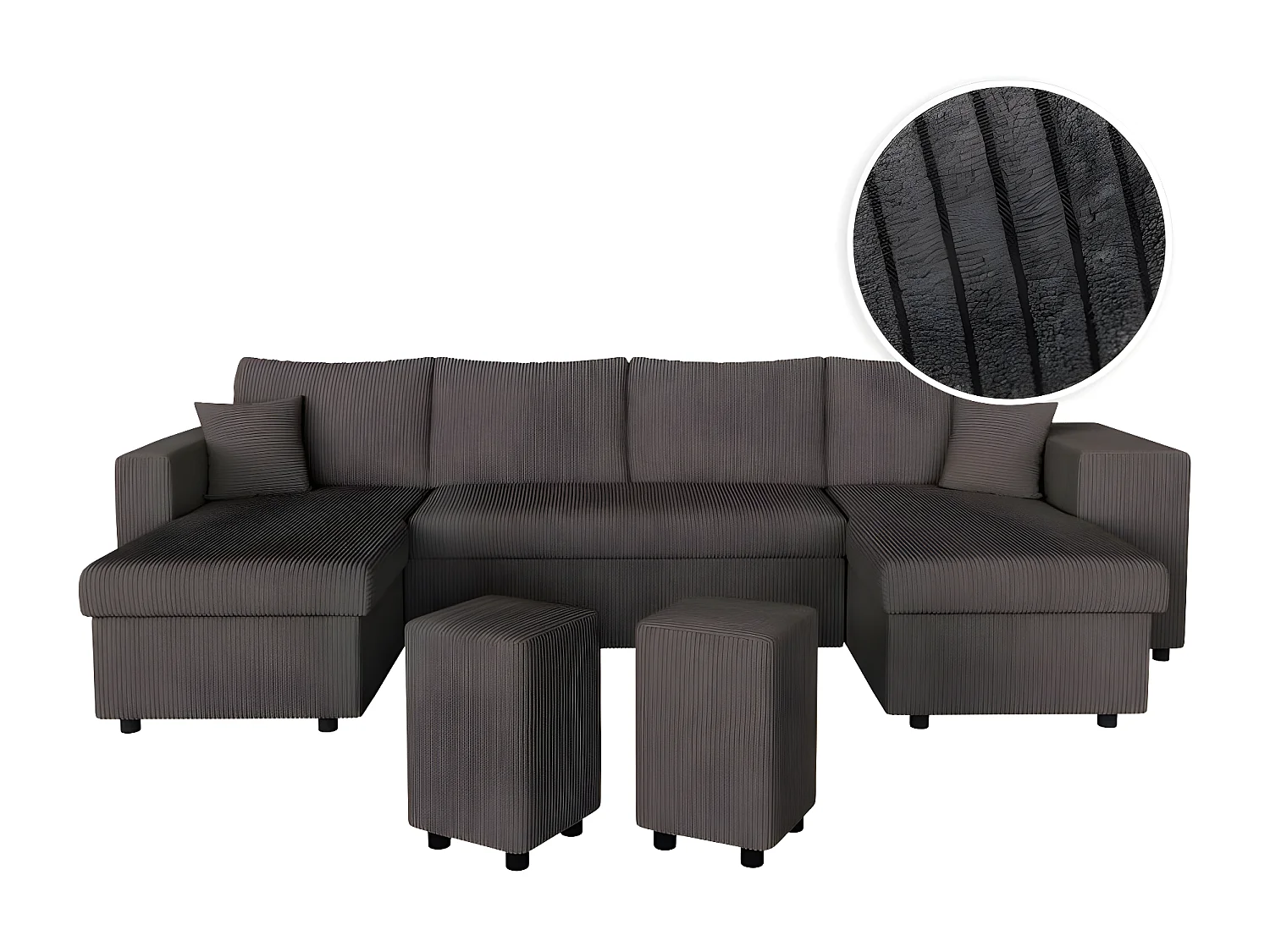 Canapé panoramique Oslo convertible avec 2 coffres, 2 poufs à droite en velours côtelé Gris anthracite - L311 x P146 x H81cm - Loungitude