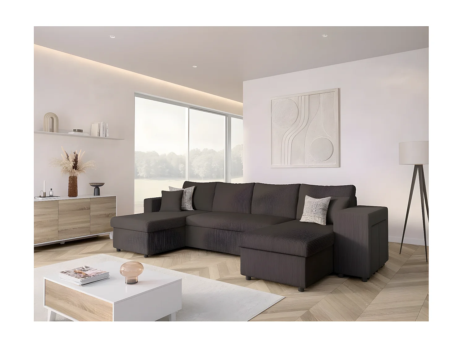 Canapé panoramique Oslo convertible avec 2 coffres, 2 poufs à droite en velours côtelé Gris anthracite - L311 x P146 x H81cm - Loungitude