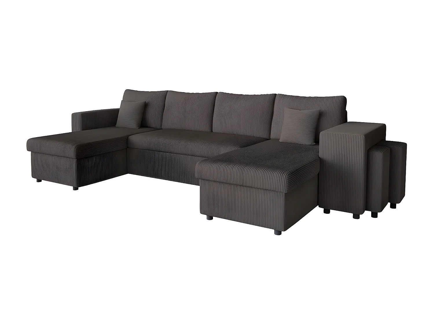Canapé panoramique Oslo convertible avec 2 coffres, 2 poufs à droite en velours côtelé Gris anthracite - L311 x P146 x H81cm - Loungitude