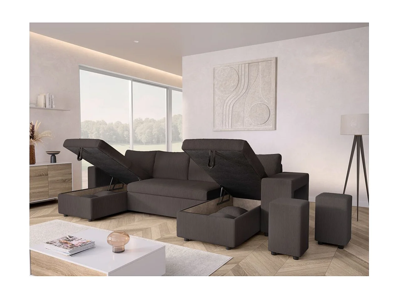 Canapé panoramique Oslo convertible avec 2 coffres, 2 poufs à droite en velours côtelé Gris anthracite - L311 x P146 x H81cm - Loungitude