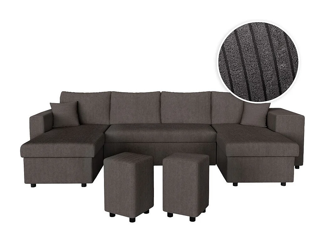 Canapé panoramique Oslo convertible avec 2 coffres, 2 poufs à droite en velours côtelé Gris anthracite - L311 x P146 x H81cm - Loungitude