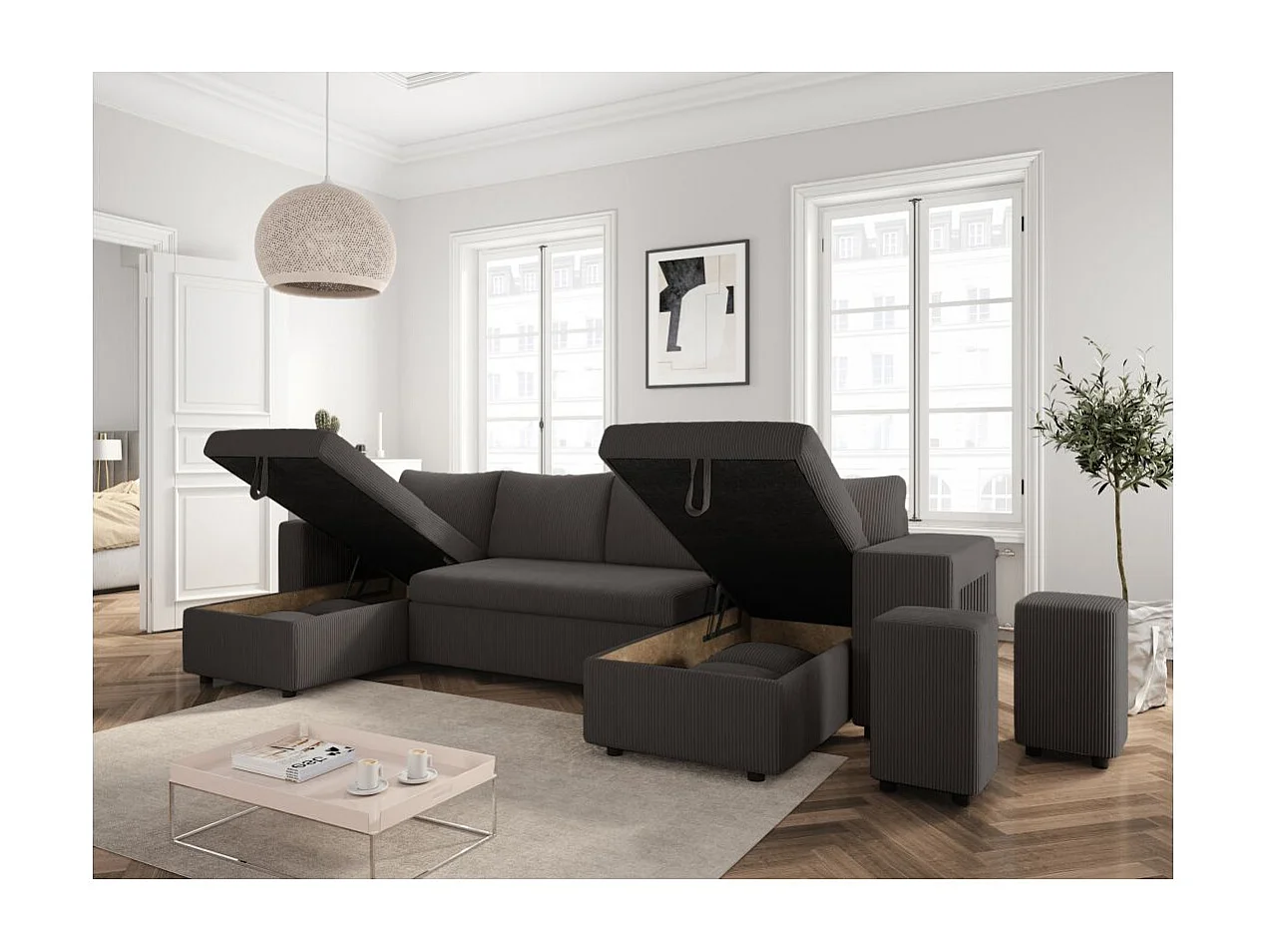 Canapé panoramique Oslo convertible avec 2 coffres, 2 poufs à droite en velours côtelé Gris anthracite - L311 x P146 x H81cm - Loungitude
