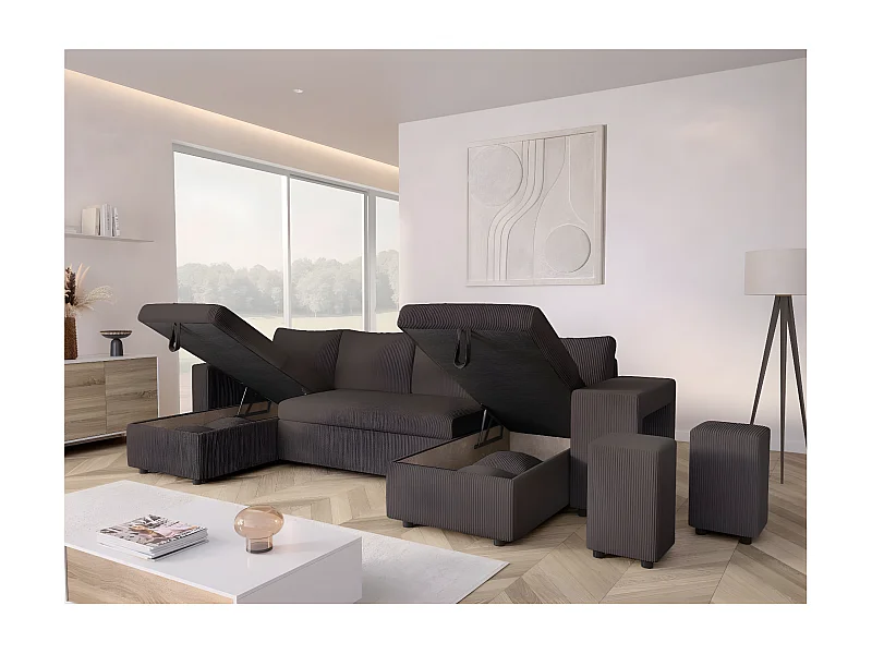 Canapé panoramique Oslo convertible avec 2 coffres, 2 poufs à droite en velours côtelé Gris anthracite - L311 x P146 x H81cm - Loungitude