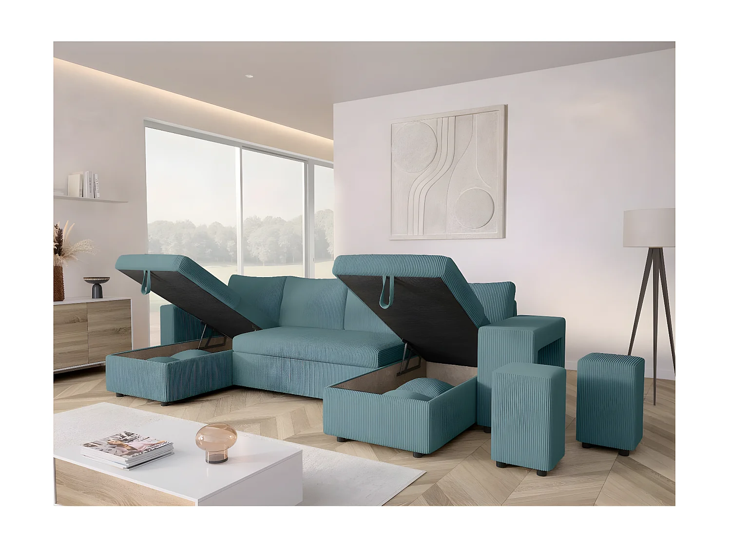 Canapé panoramique Oslo convertible avec 2 coffres, 2 poufs à droite en velours côtelé bleu clair - L311 x P146 x H81cm - Loungitude