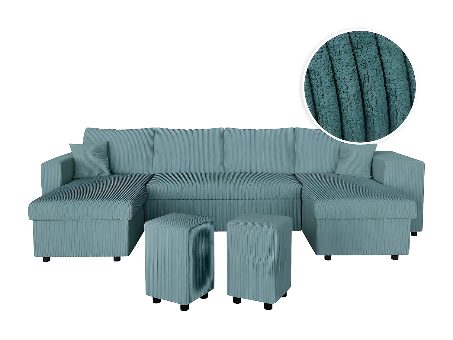 Canapé panoramique Oslo convertible avec 2 coffres, 2 poufs à droite en velours côtelé bleu clair - L311 x P146 x H81cm - Loungitude