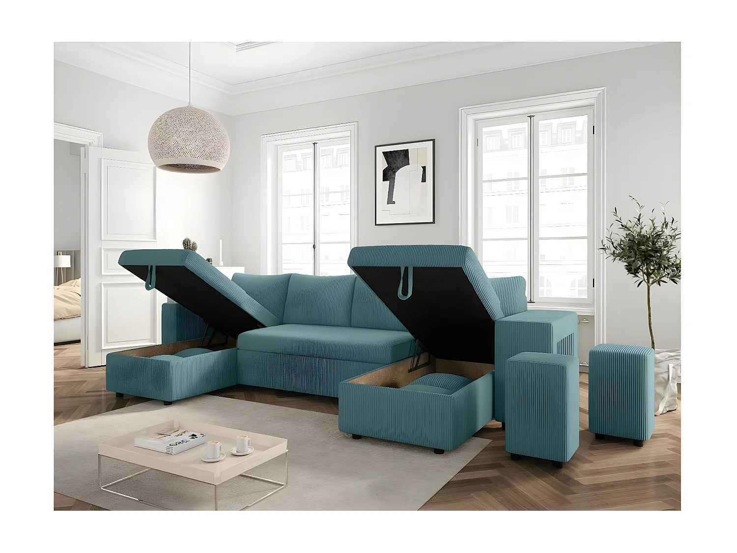 Canapé panoramique Oslo convertible avec 2 coffres, 2 poufs à droite en velours côtelé bleu clair - L311 x P146 x H81cm - Loungitude