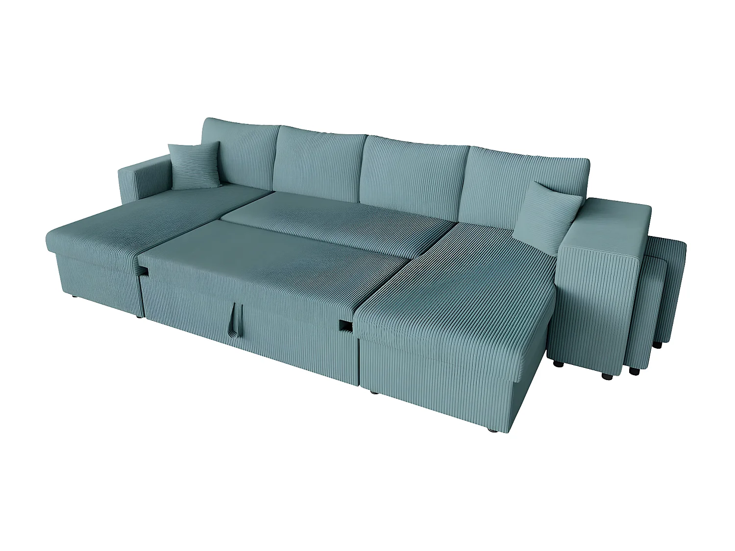 Canapé panoramique Oslo convertible avec 2 coffres, 2 poufs à droite en velours côtelé bleu clair - L311 x P146 x H81cm - Loungitude